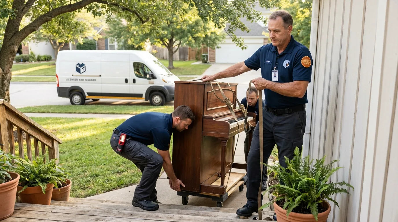 Licensed piano movers securing grand piano in Virden, IL