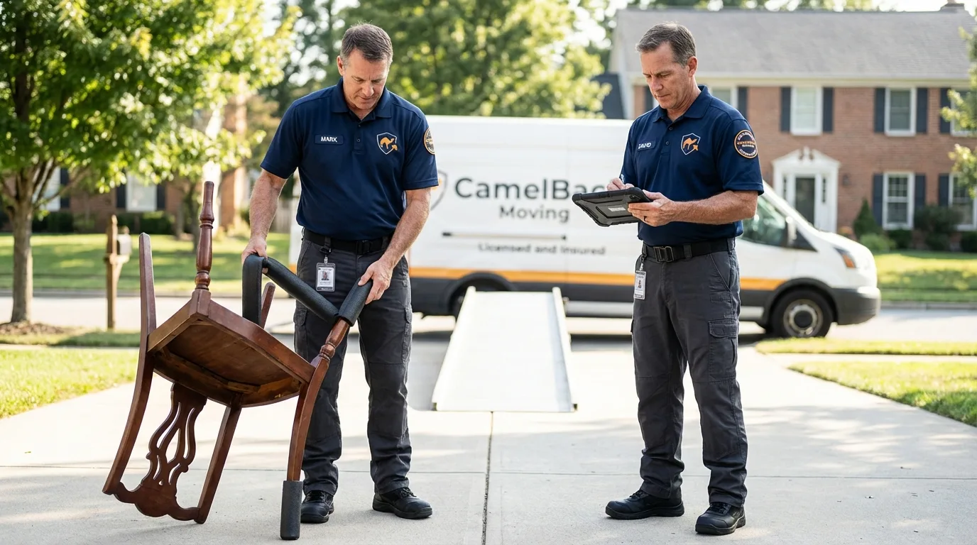 Movers inspecting furniture for damage prevention before loading in Virden, IL