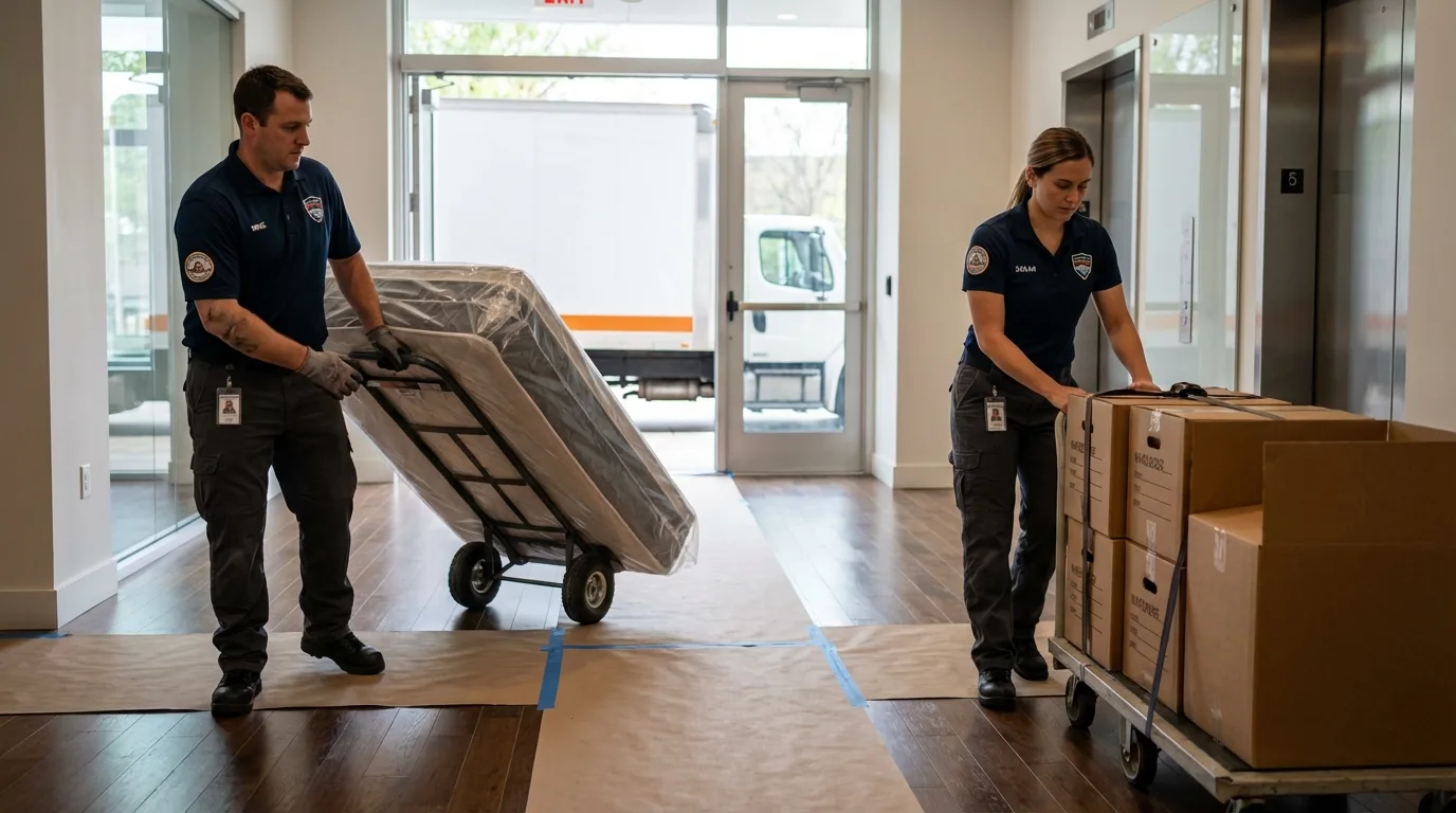Professional apartment movers loading elevator in Virden, IL